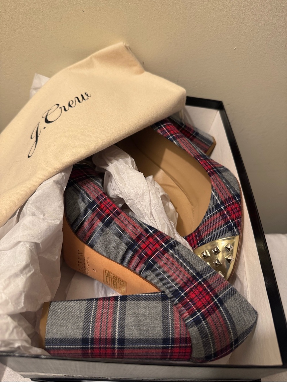 J.Crew Collection Etta Red Grey Plaid Studded Cap Toe Pumps EUC 8 Made in Italy